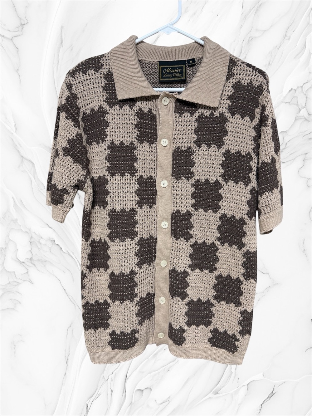 Massive Luxury Edition Crochet Knit Polo Cardigan in Beige & Chocolate